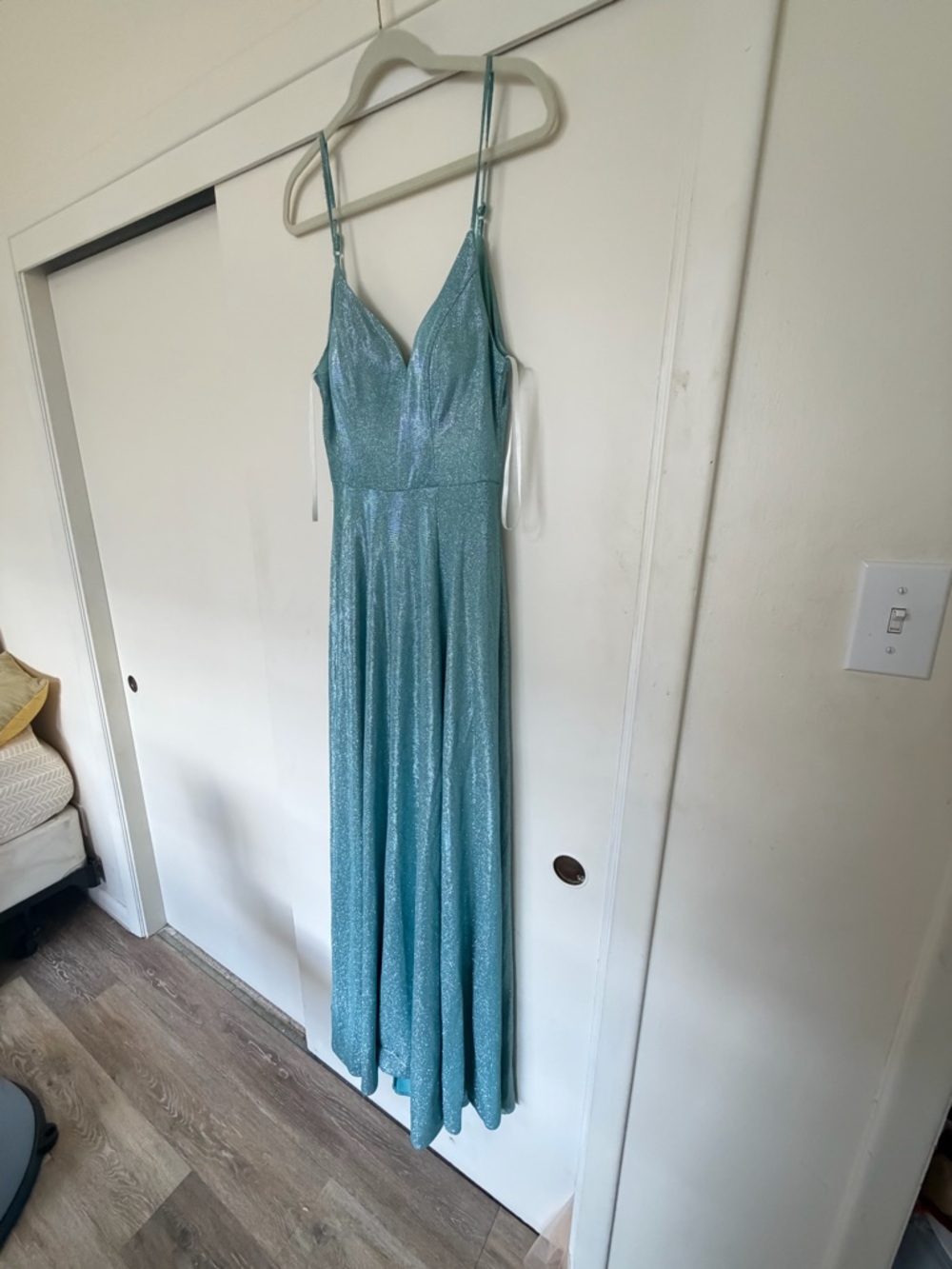 B. Darlin Aqua glittery Dress with Spaghetti Straps